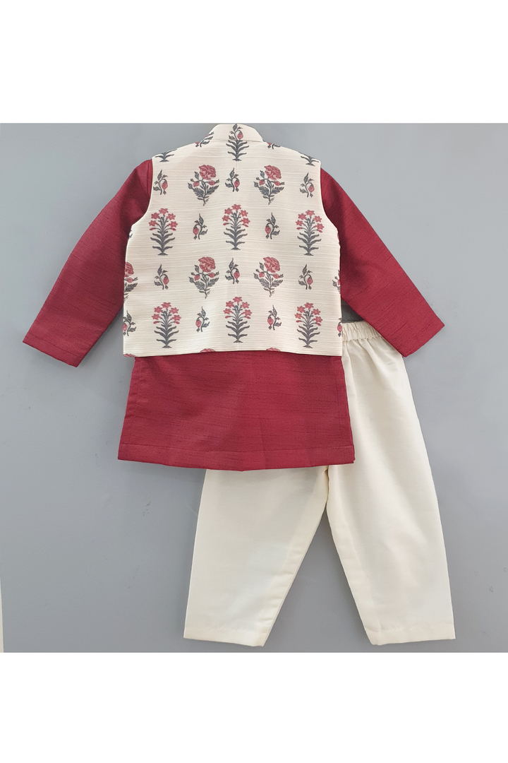 Mughal printed ivory jacket with maroon kurta and ivory pyjama