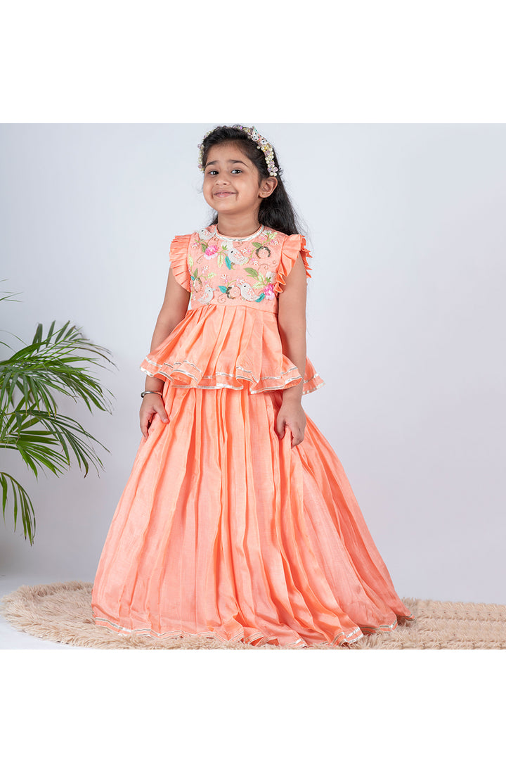 Peach bird and paradise hand embroidered top with lehenga