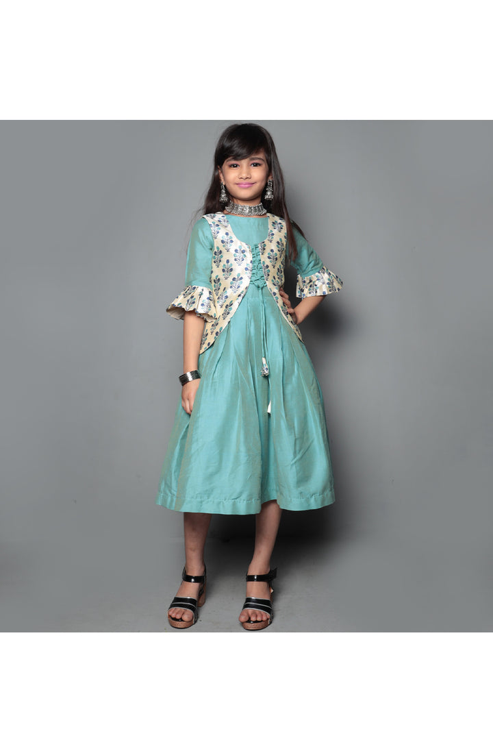 Pastel green dress with grey floral printed jacket