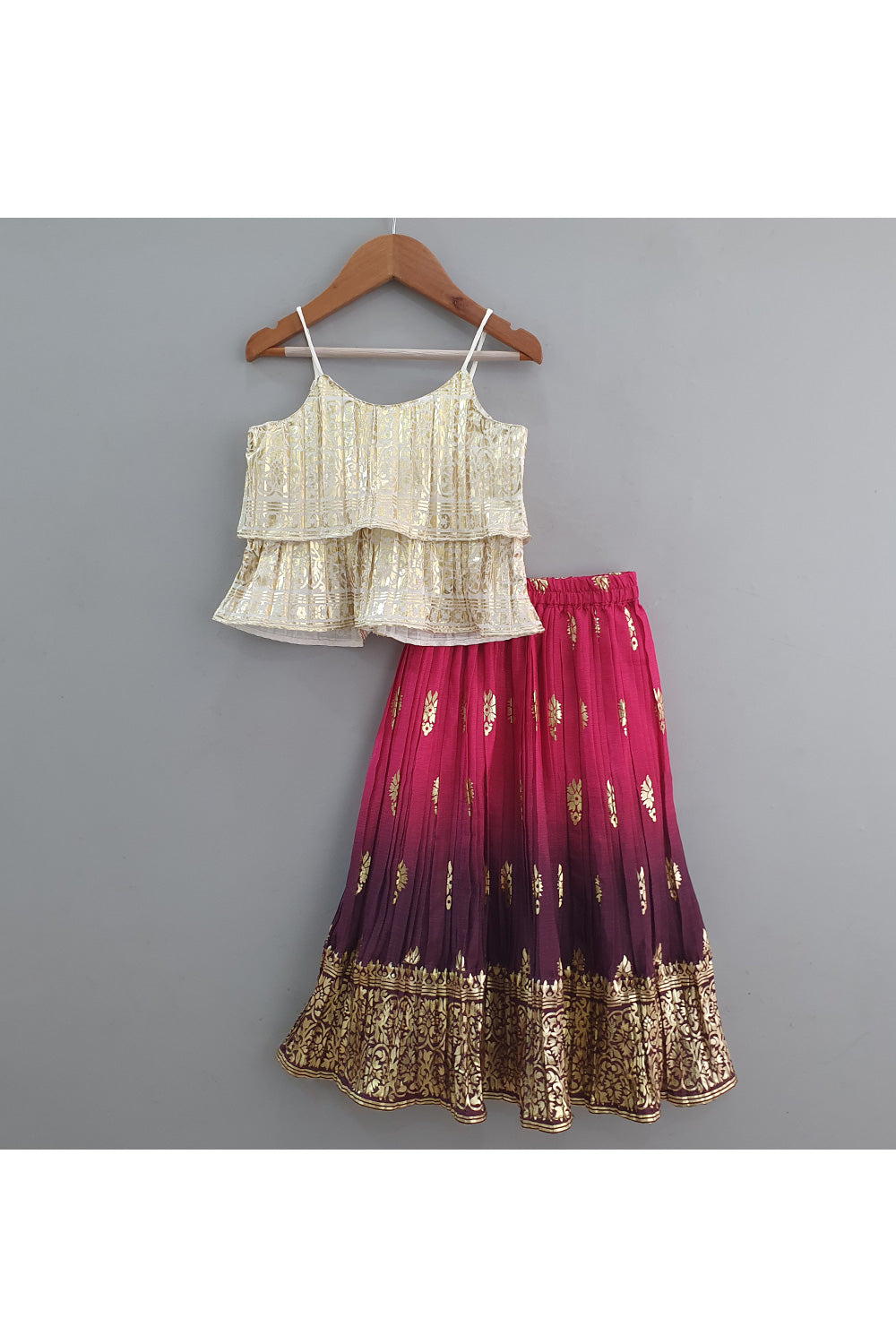 Off White Peplum Style Top With Lehenga Set