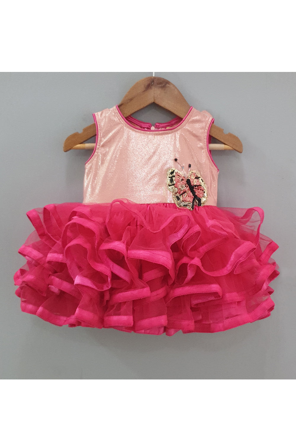 Peach and magenta butterfly embroidered layered frock