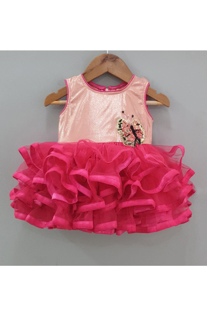 Peach and magenta butterfly embroidered layered frock