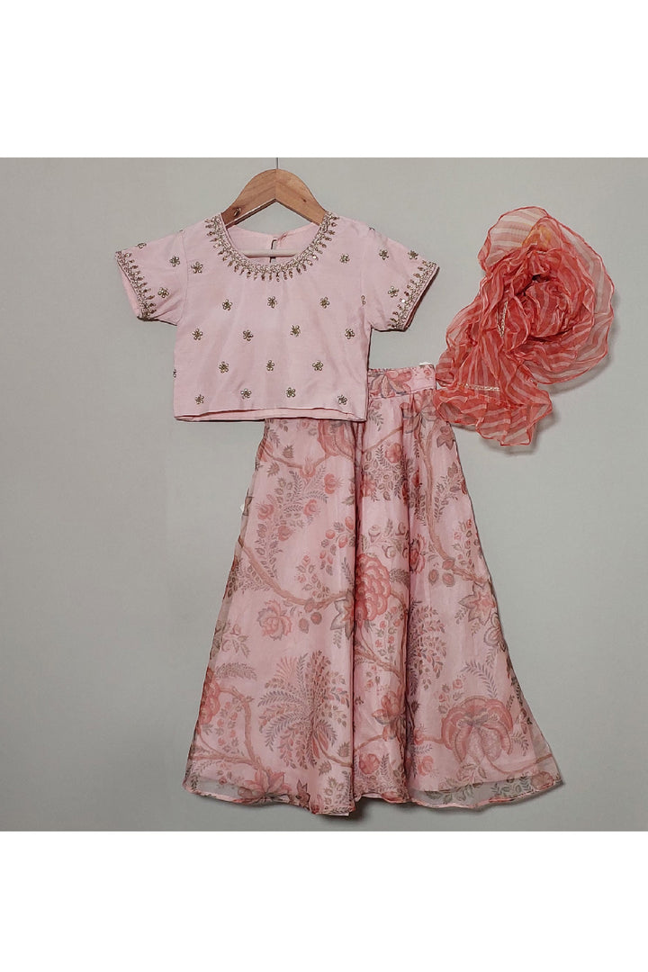 Pink Hand Embroidered Top With Floral Printed Lehenga Set