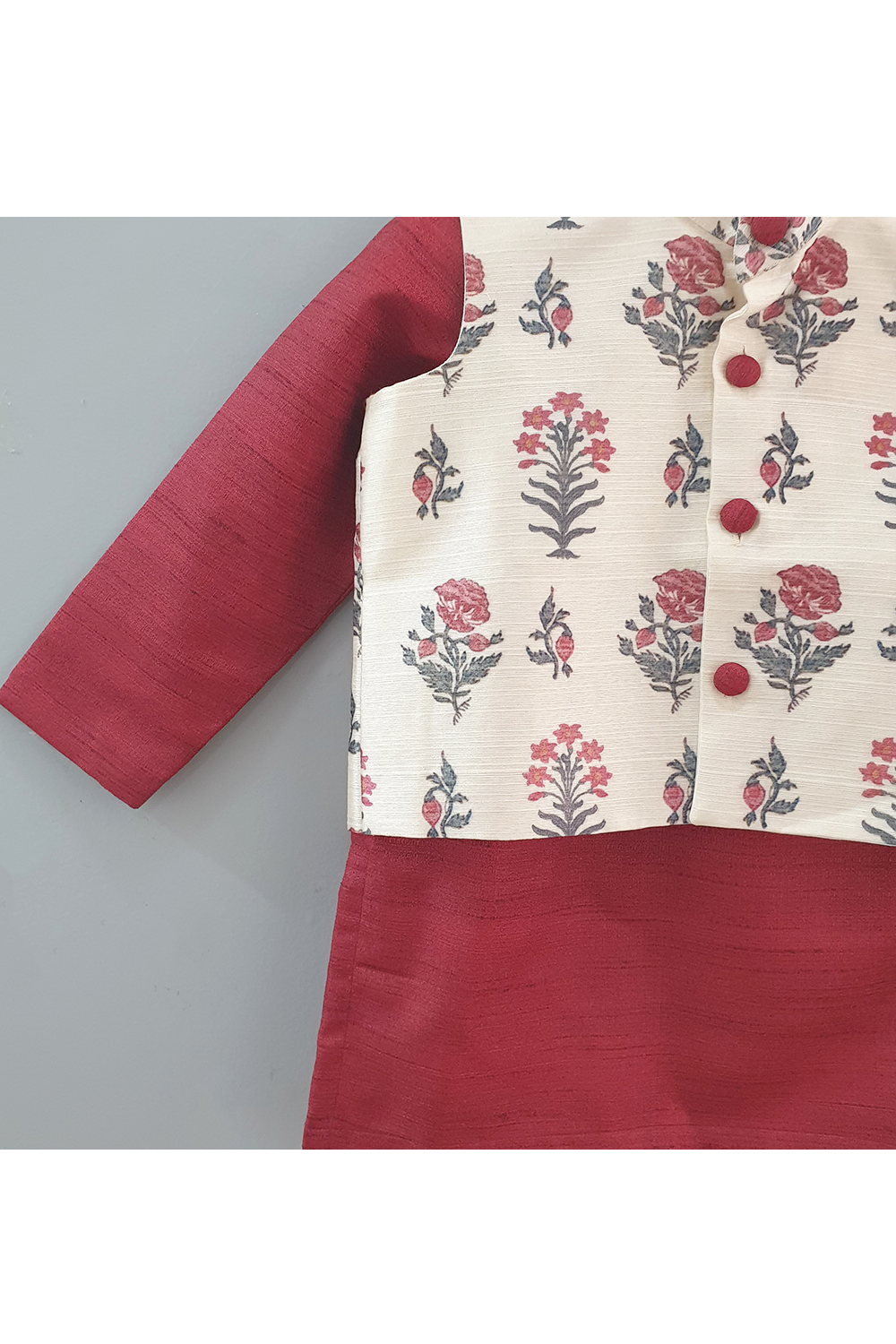 Mughal printed ivory jacket with maroon kurta and ivory pyjama