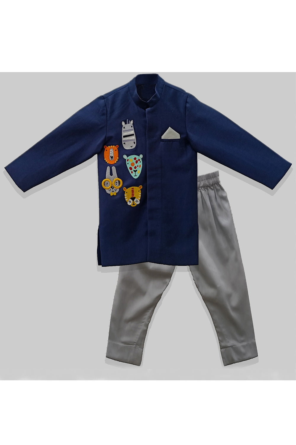 Navy Blue Cartoon Faces Embroidered Kurta With Pyjama Set