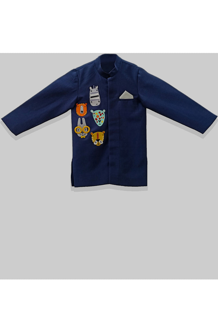Navy Blue Cartoon Faces Embroidered Kurta With Pyjama Set