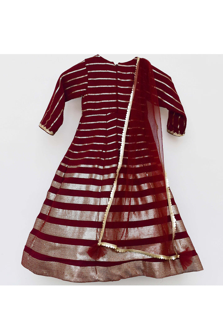 Maroon sequins embroidered strips anarkali with dupatta