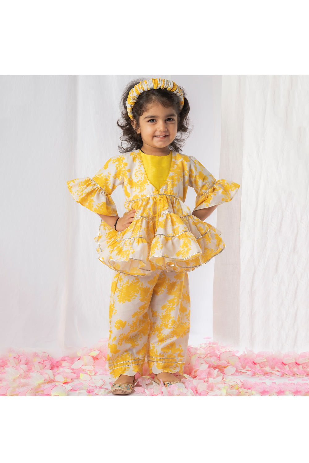 Yellow Floral Printed Peplum Style Top With Pant Set