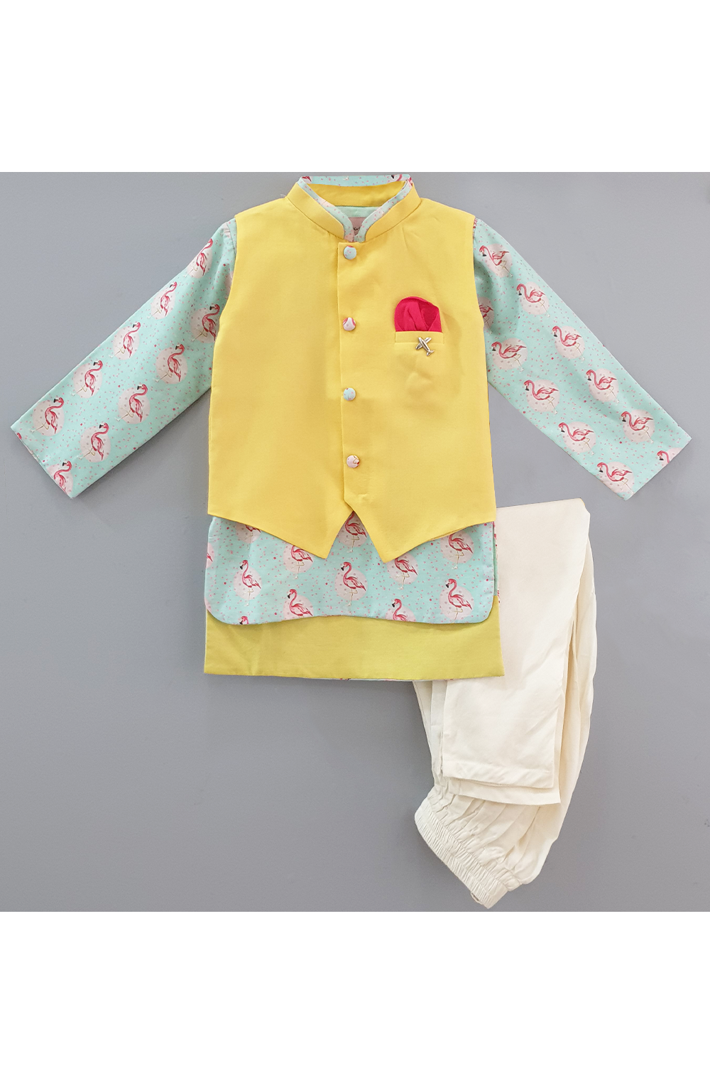 Flamingo printed kurta with yellow jacket and churidar