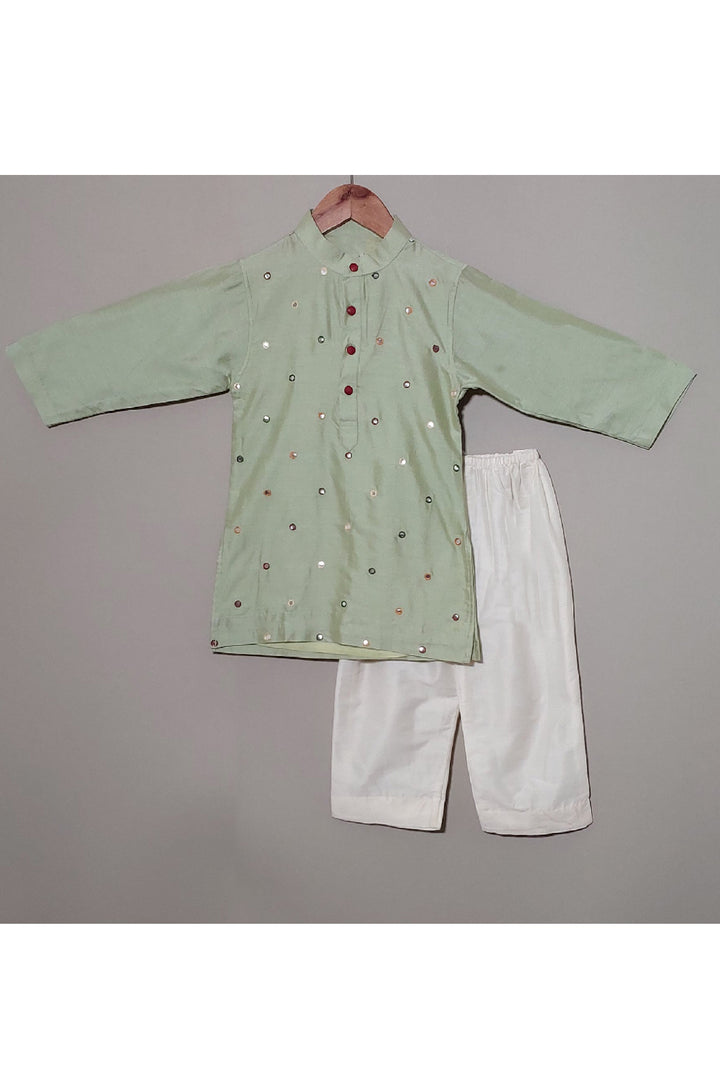 Pastel Green Faux Mirror Embroidered Cotton Silk Kurta With Pyjama Set