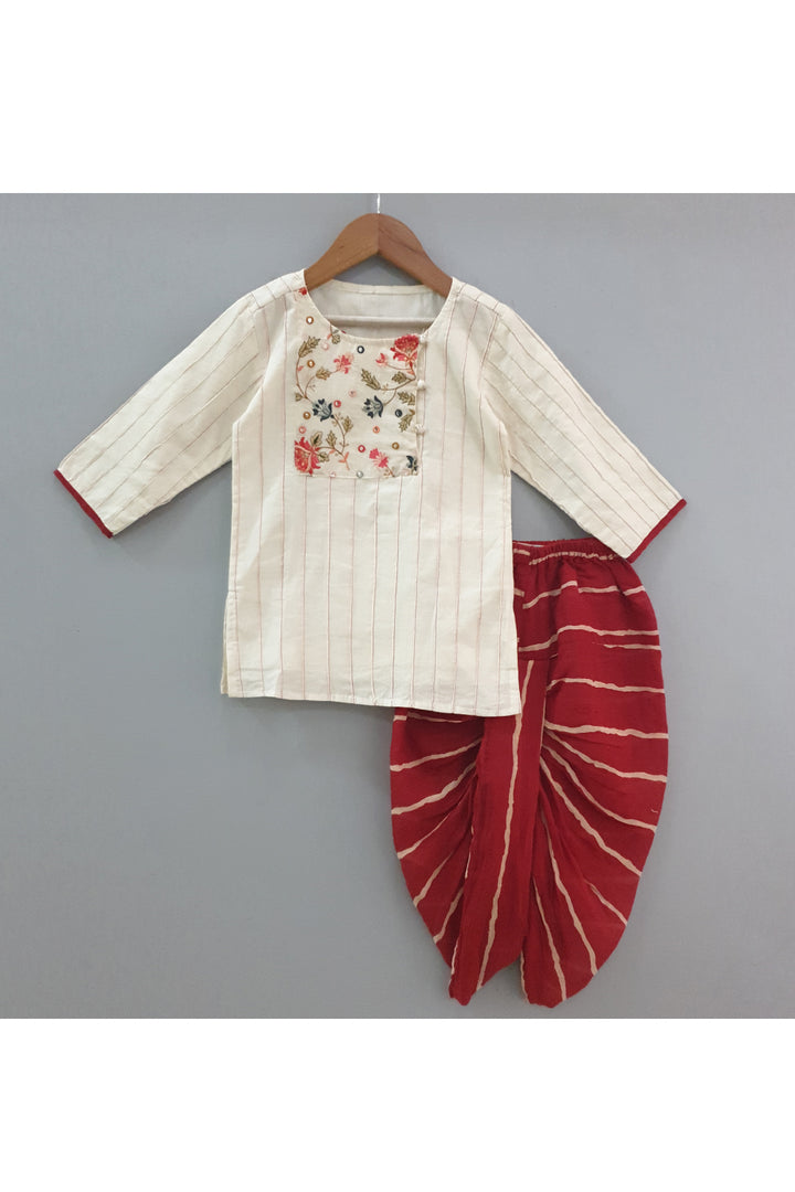 Off white embroidered pintucks kurta with red striped dhoti