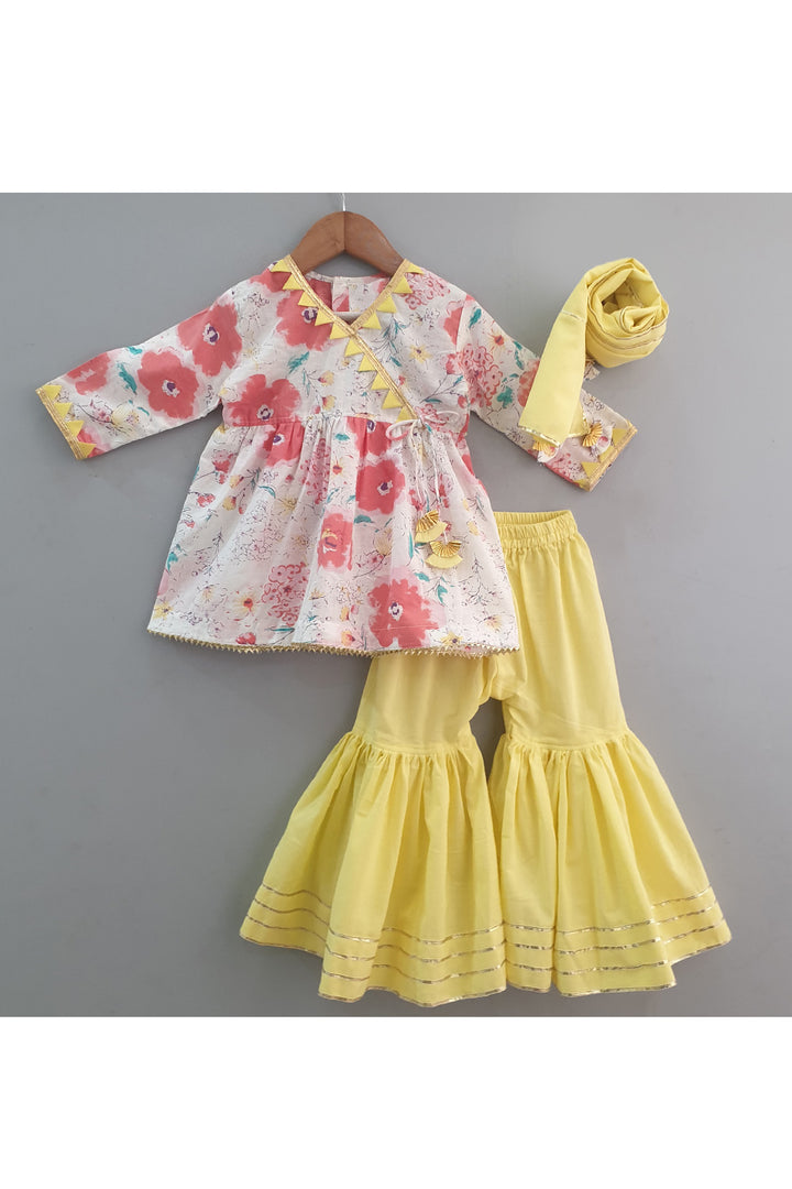 White And Peach Floral Printed Kurta With Sharara Set