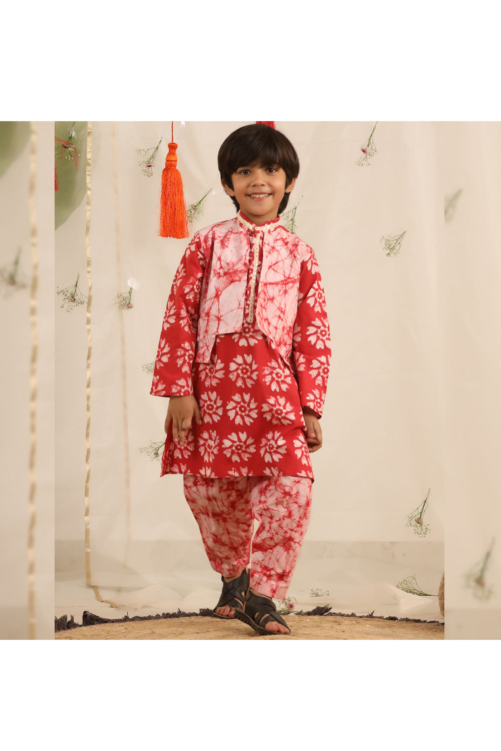 Red And White Flower Printed Cotton Kurta With Attached Jacket Set