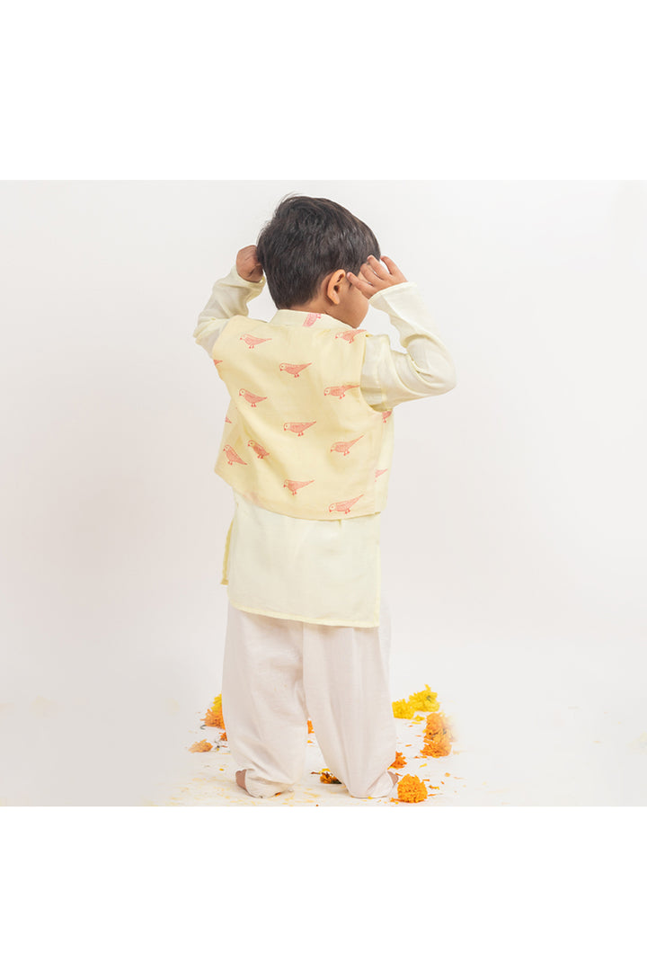 Green Kurta With Bird Printed Chanderi Nehru Jacket And Pyjama Set
