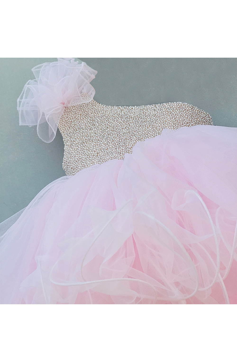 Silver pearl work with pink high low flare gown
