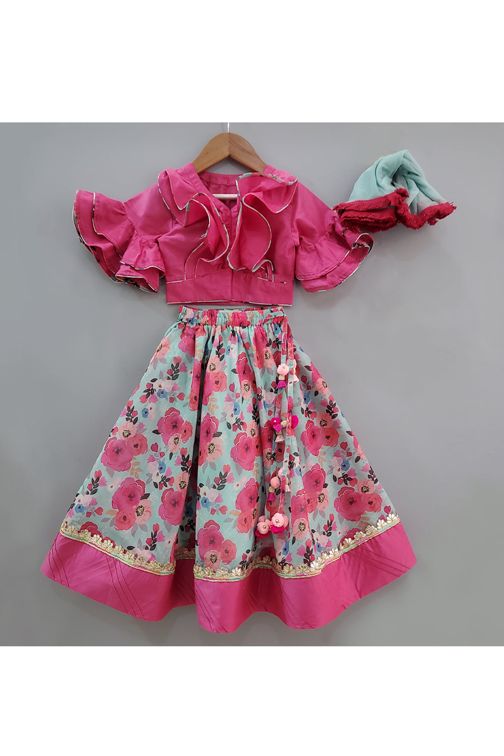 Pink Frill Detailing Top With Floral Printed Lehenga And Dupatta