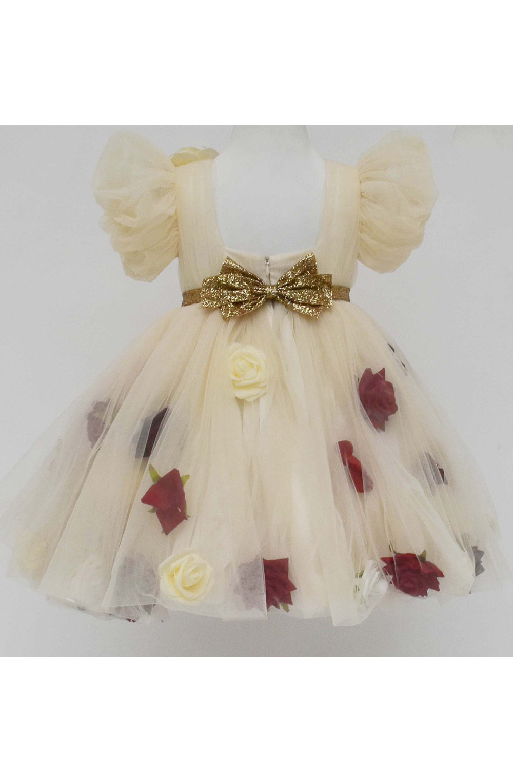 Multicolor 3d flowers cream net dress