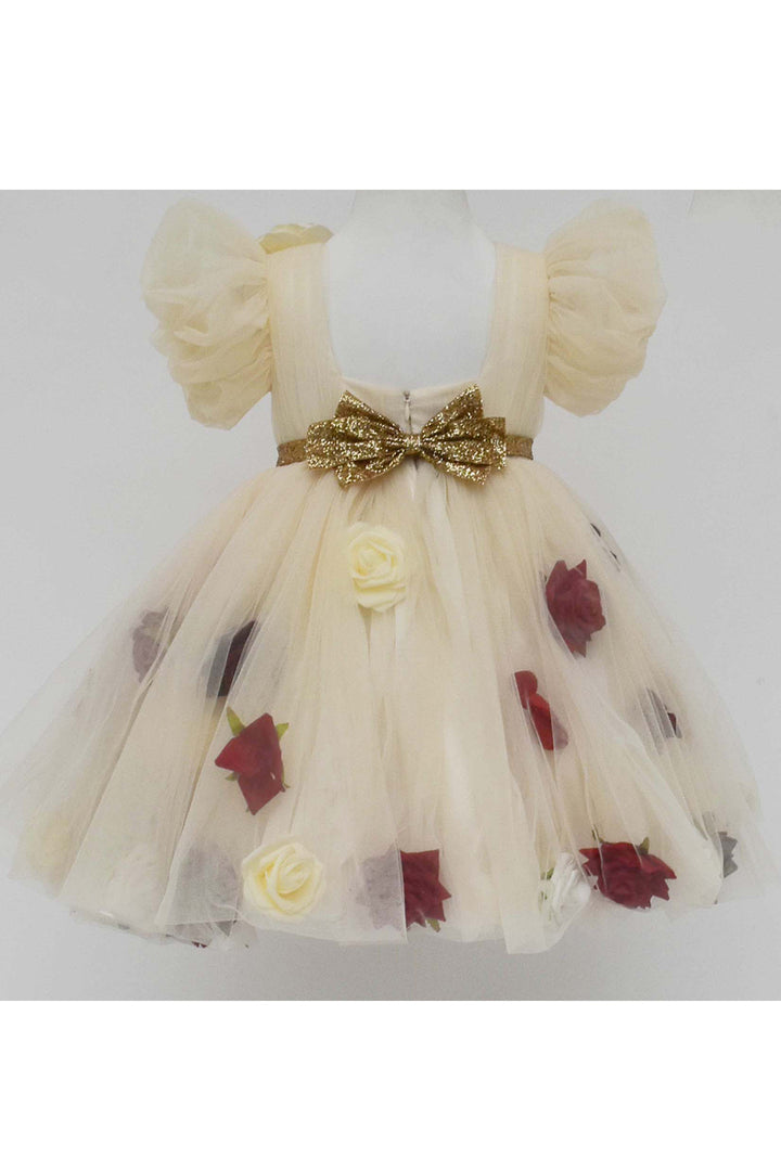 Multicolor 3d flowers cream net dress