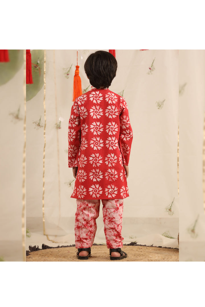 Red And White Flower Printed Cotton Kurta With Attached Jacket Set