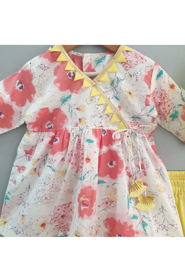 White And Peach Floral Printed Kurta With Sharara Set