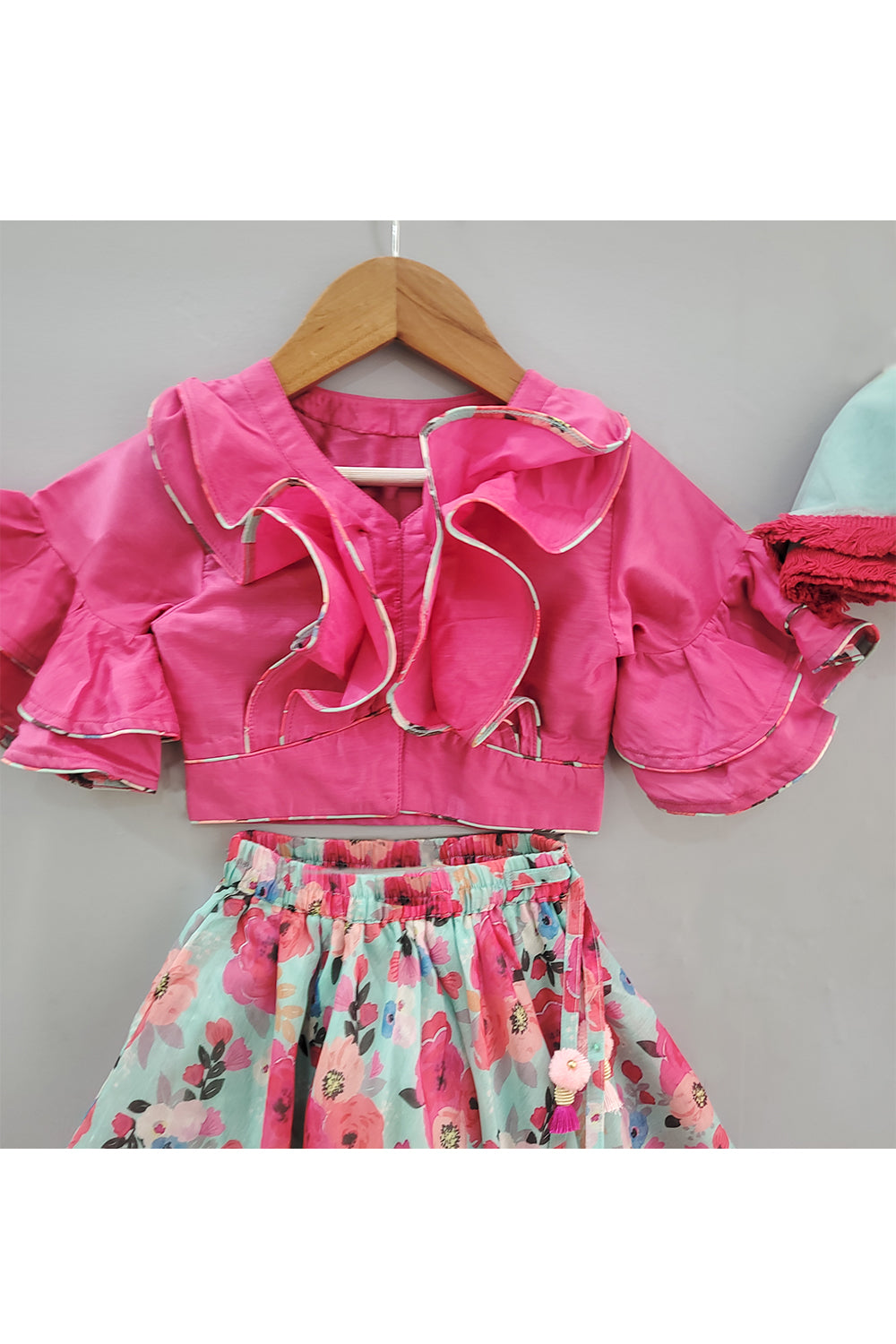 Pink Frill Detailing Top With Floral Printed Lehenga And Dupatta