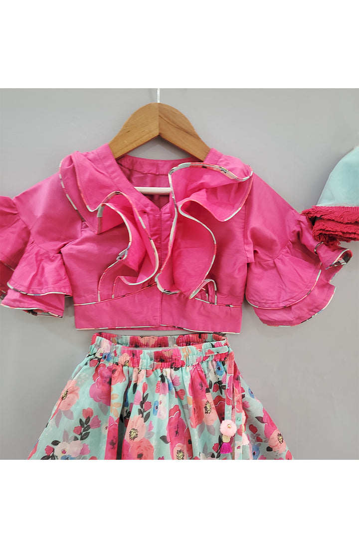 Pink Frill Detailing Top With Floral Printed Lehenga And Dupatta