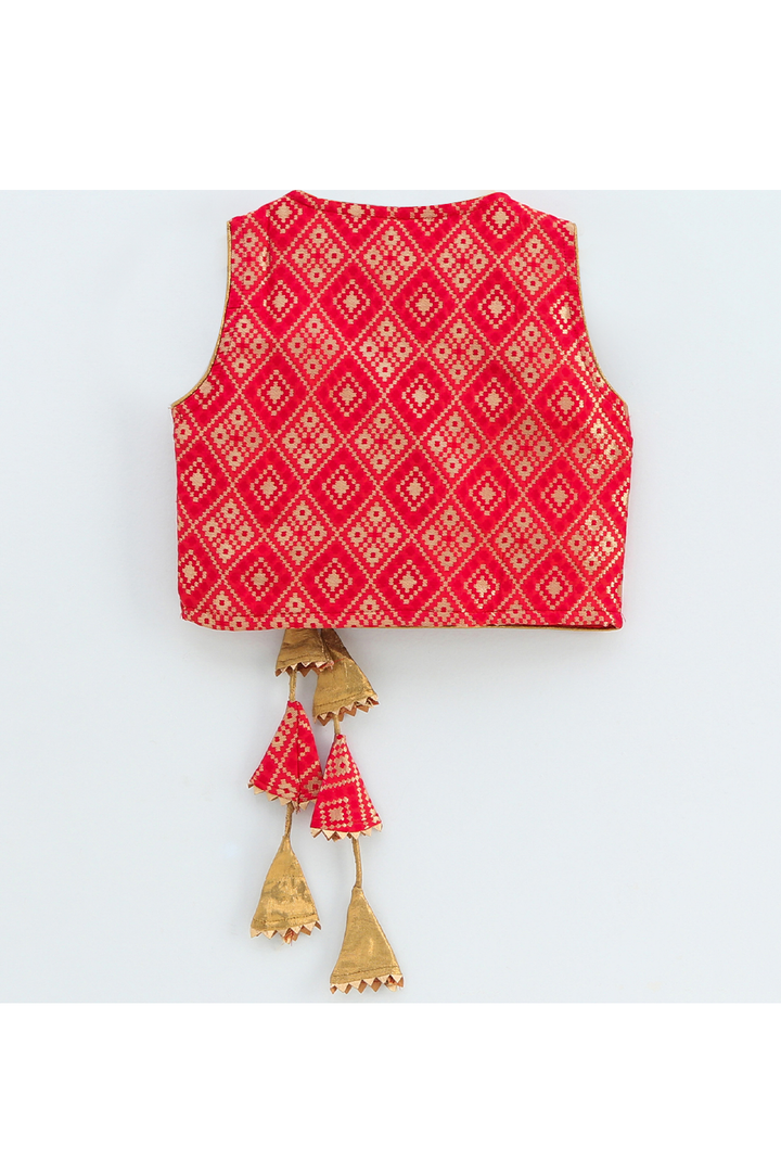 Red banarasi brocade top with front bow and printed Palazzo