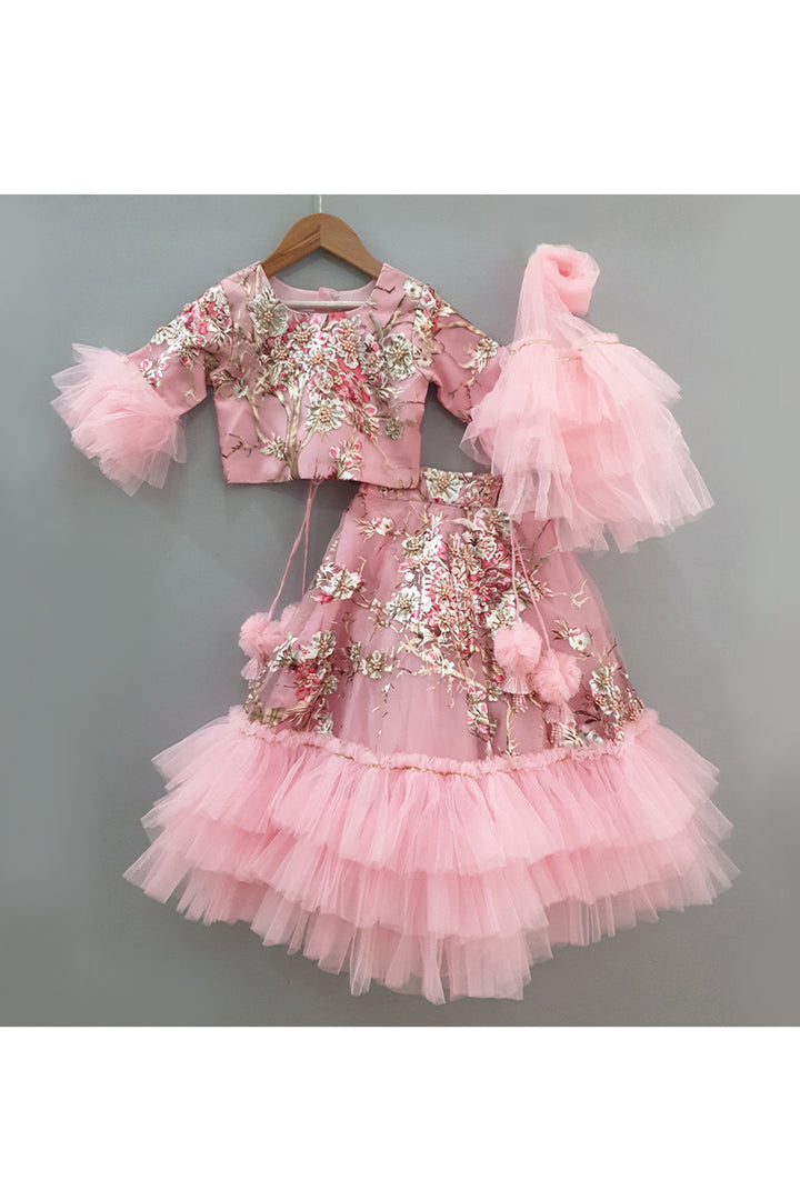 Pink Organza Flower Embroidered Top With Lehenga And Dupatta Set