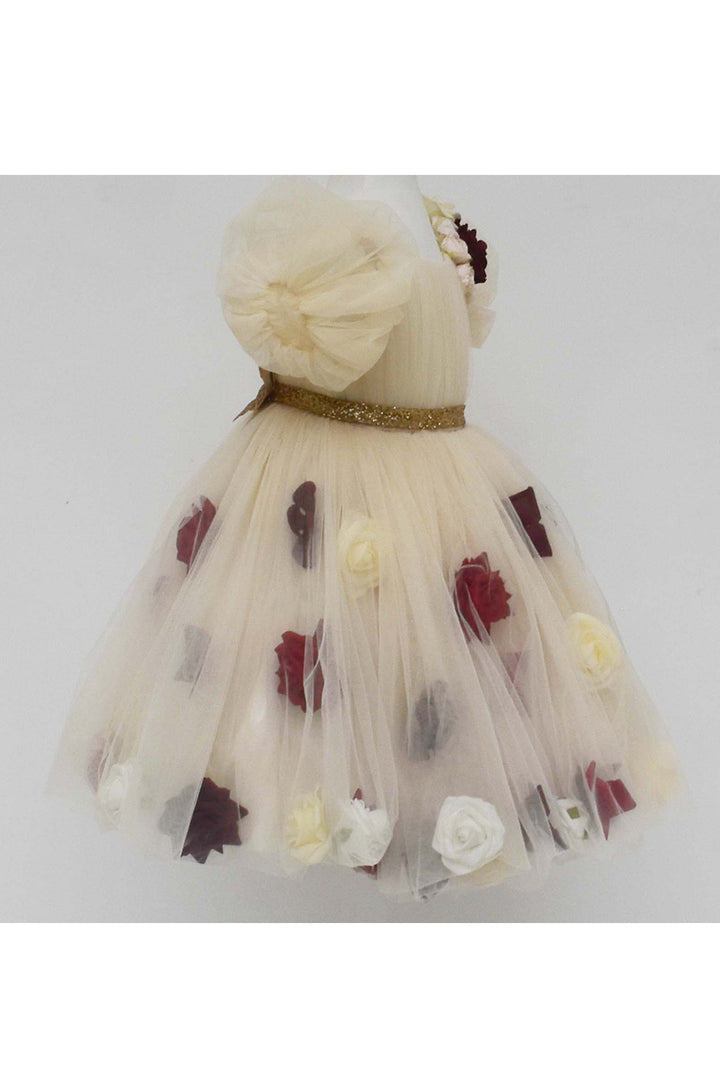 Multicolor 3d flowers cream net dress