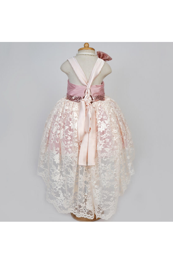 Pink and cream high and low dress with tie up back