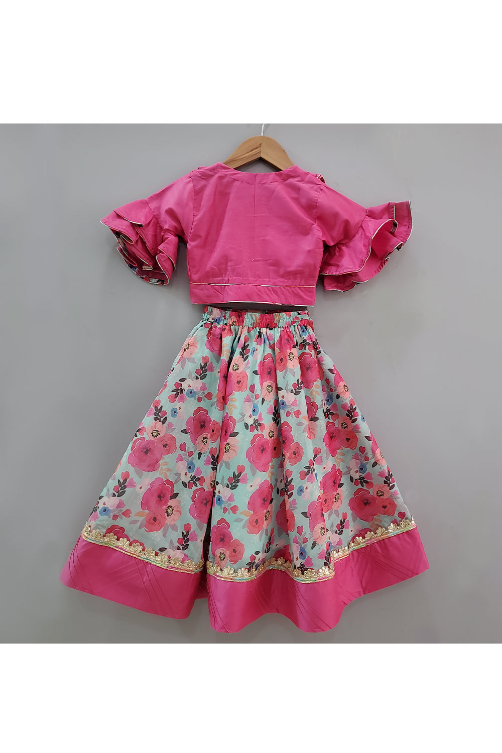 Pink Frill Detailing Top With Floral Printed Lehenga And Dupatta
