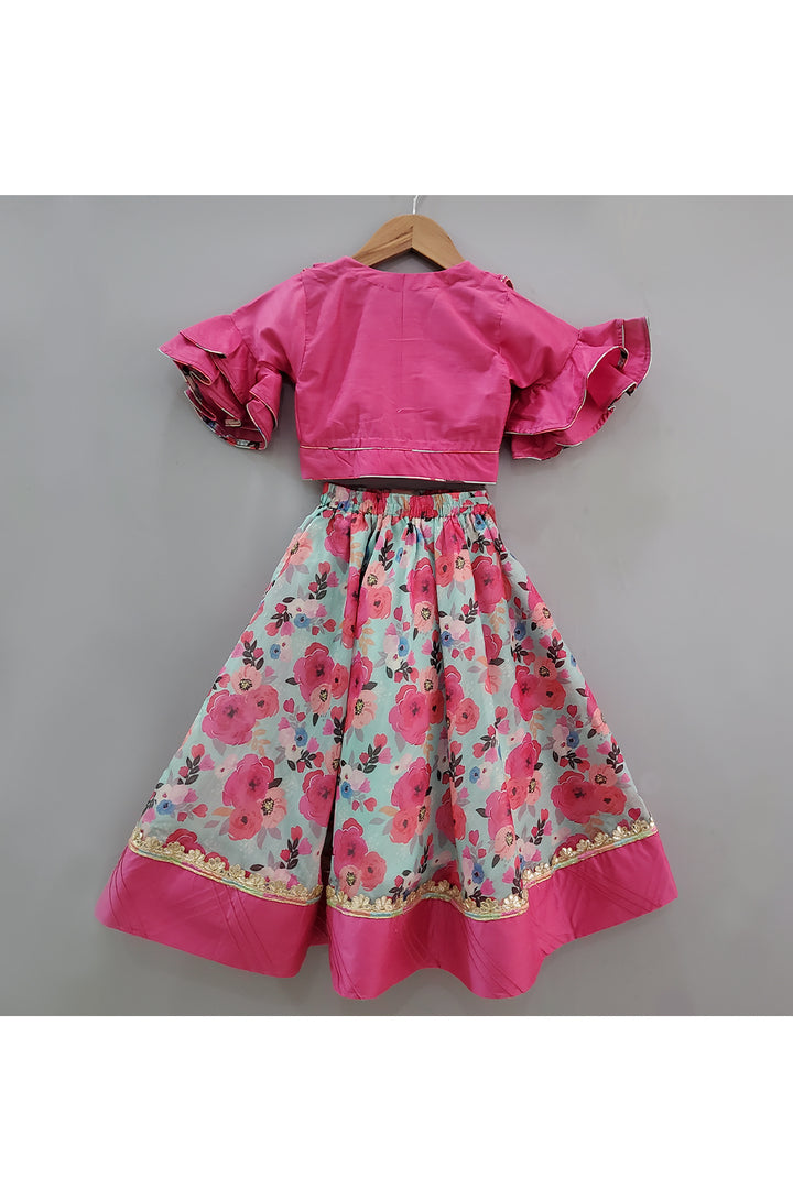 Pink Frill Detailing Top With Floral Printed Lehenga And Dupatta
