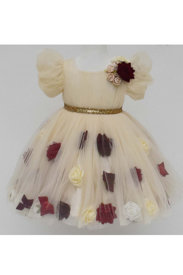 Multicolor 3d flowers cream net dress