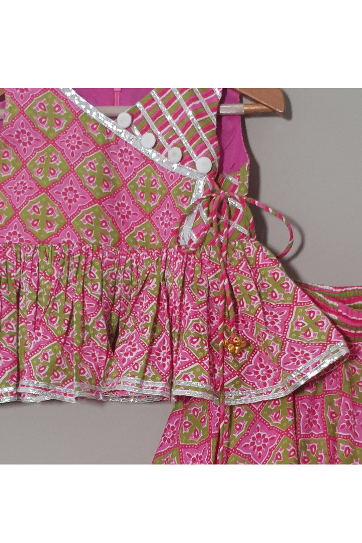 Pink Printed And Lace Detailing Peplum Style Top With Lehenga Set