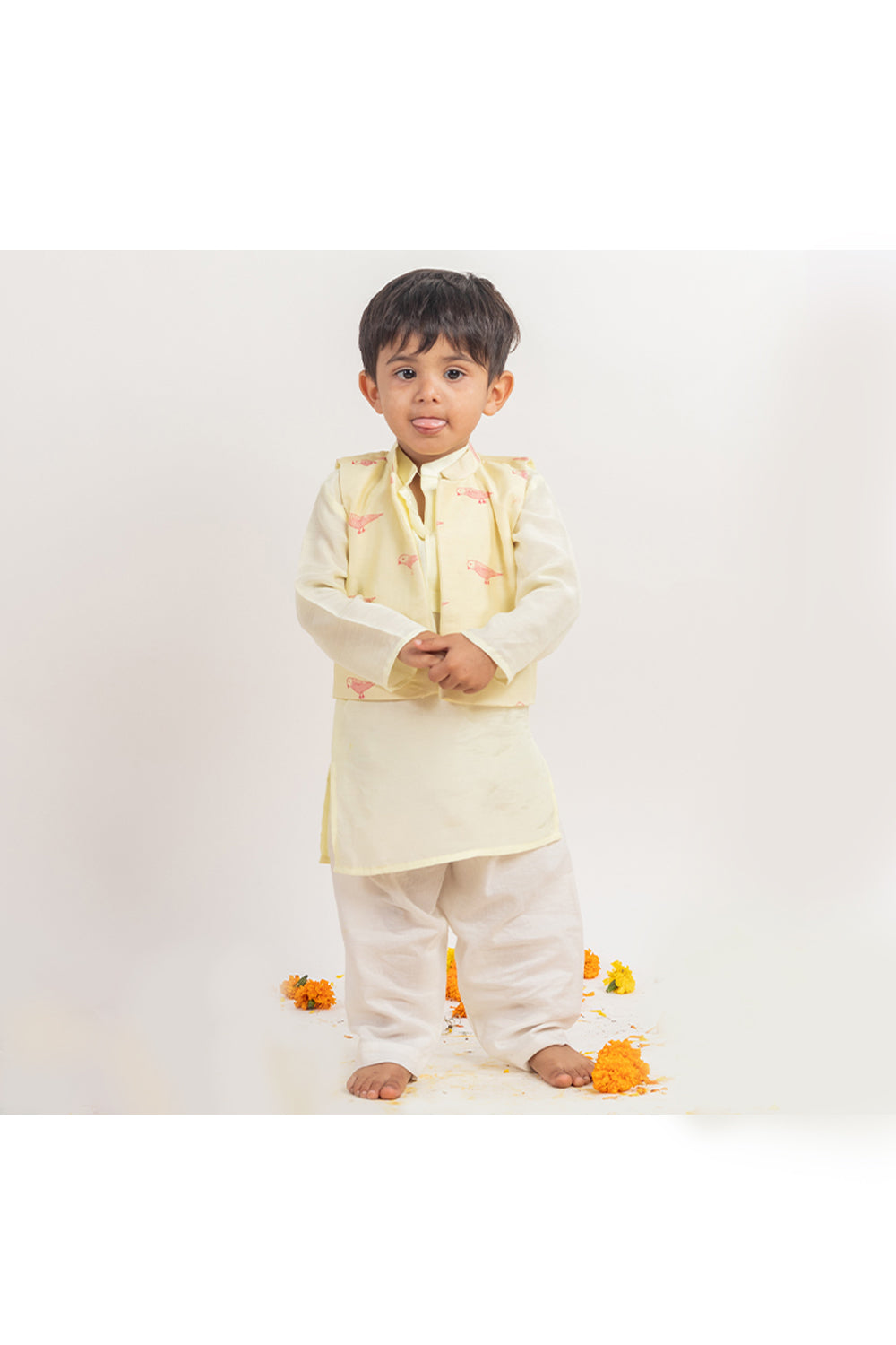 Green Kurta With Bird Printed Chanderi Nehru Jacket And Pyjama Set