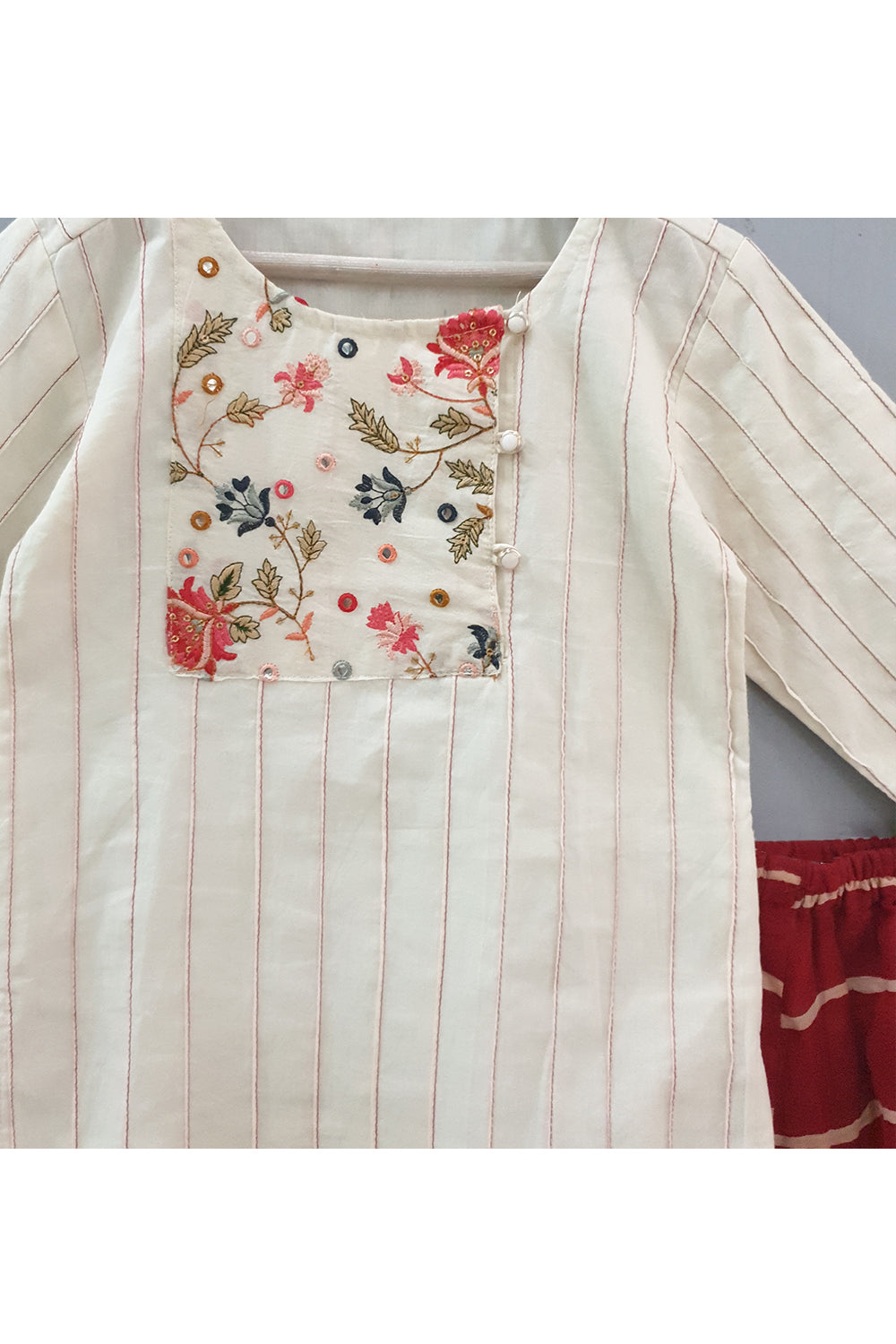 Off white embroidered pintucks kurta with red striped dhoti
