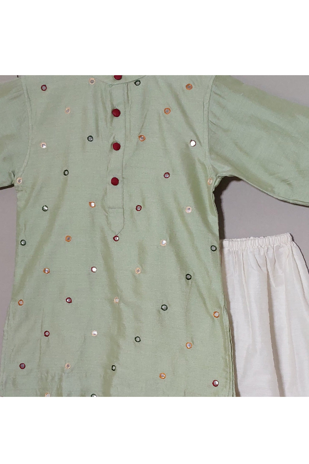 Pastel Green Faux Mirror Embroidered Cotton Silk Kurta With Pyjama Set