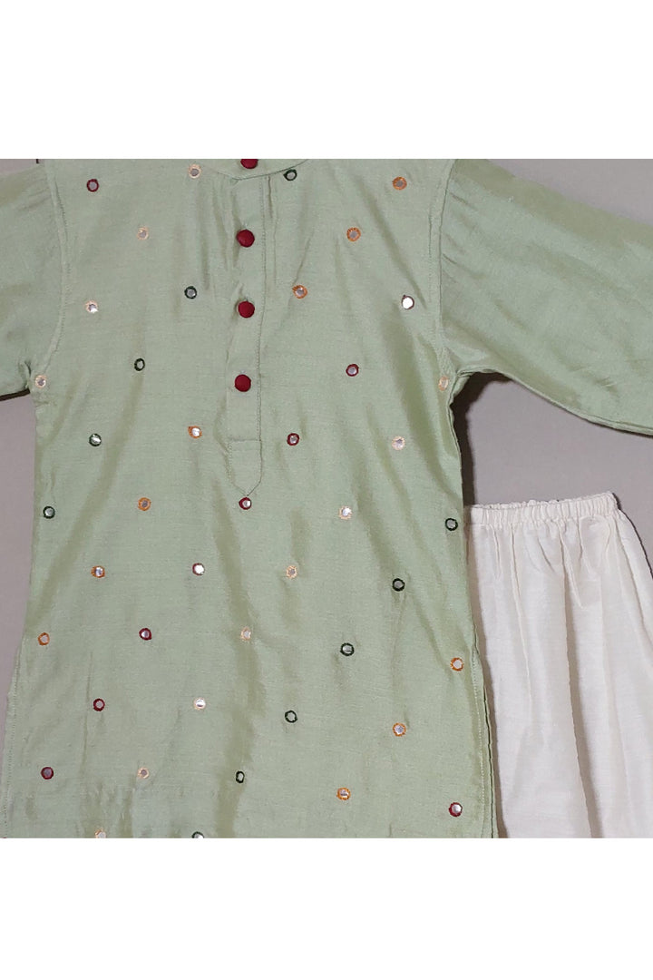 Pastel Green Faux Mirror Embroidered Cotton Silk Kurta With Pyjama Set