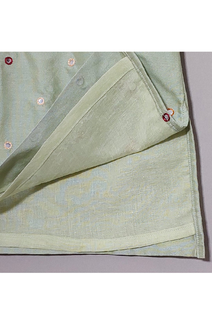 Pastel Green Faux Mirror Embroidered Cotton Silk Kurta With Pyjama Set