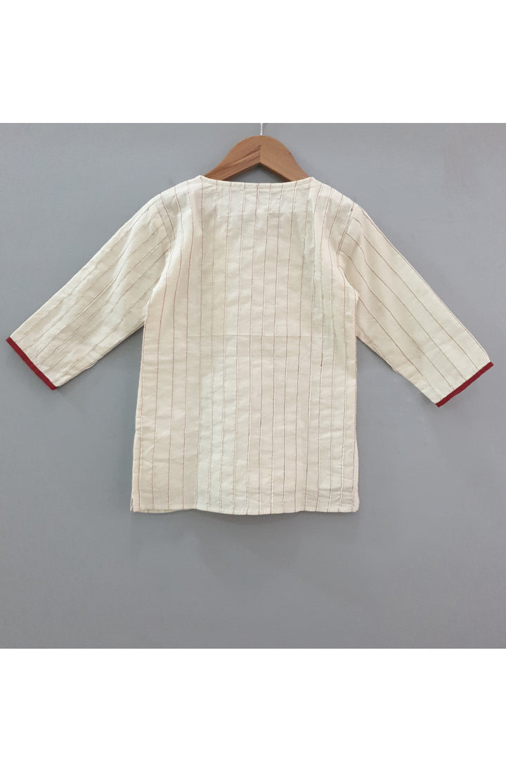 Off white embroidered pintucks kurta with red striped dhoti