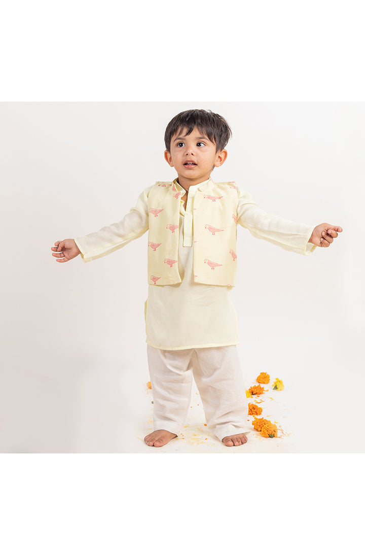 Green Kurta With Bird Printed Chanderi Nehru Jacket And Pyjama Set