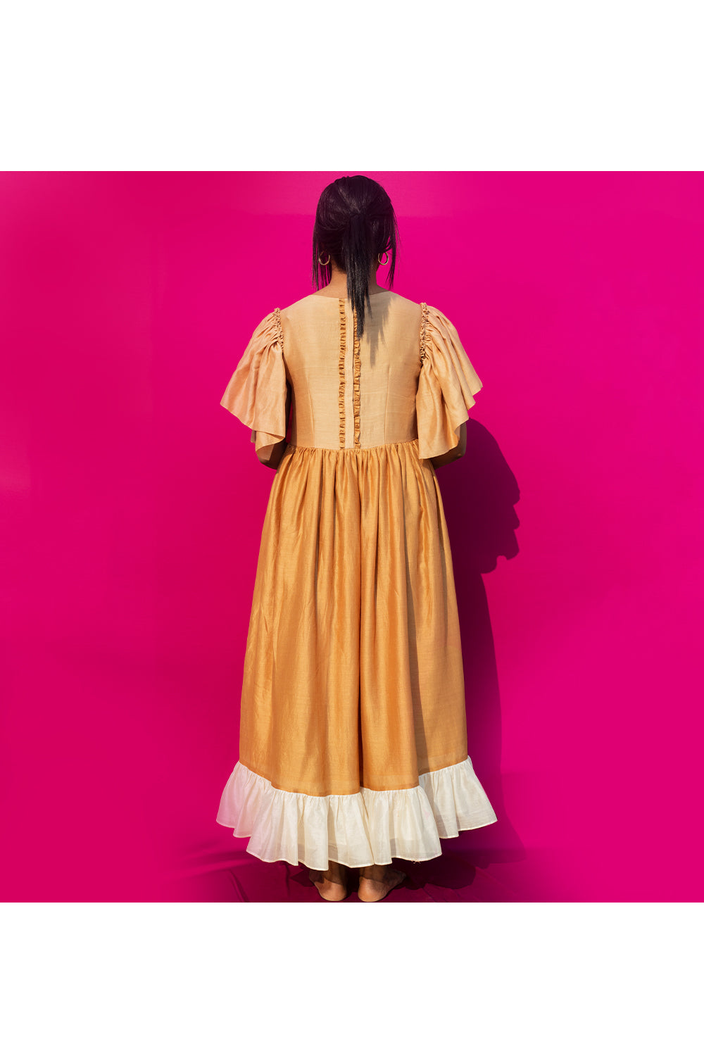 Beige ruffled sleeves dress with gathers
