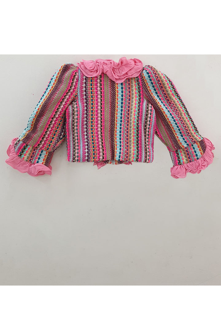 Multi color frill detailed boho coat and short skirt set