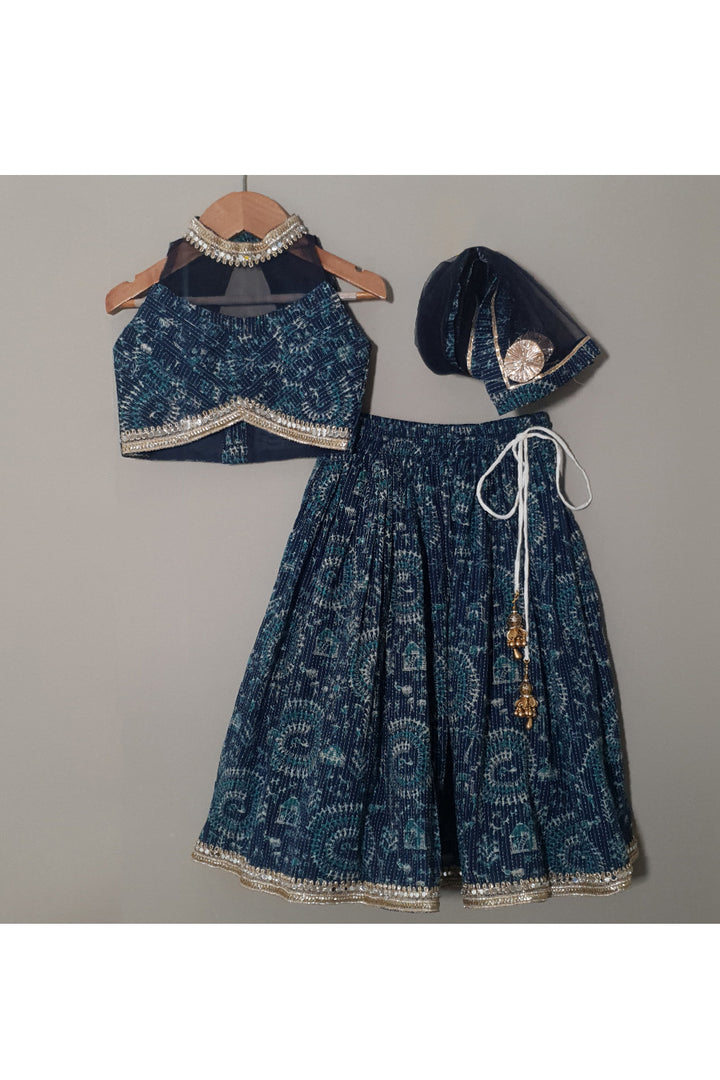 Blue Printed Halter Neck Cotton Top With Lehenga Set