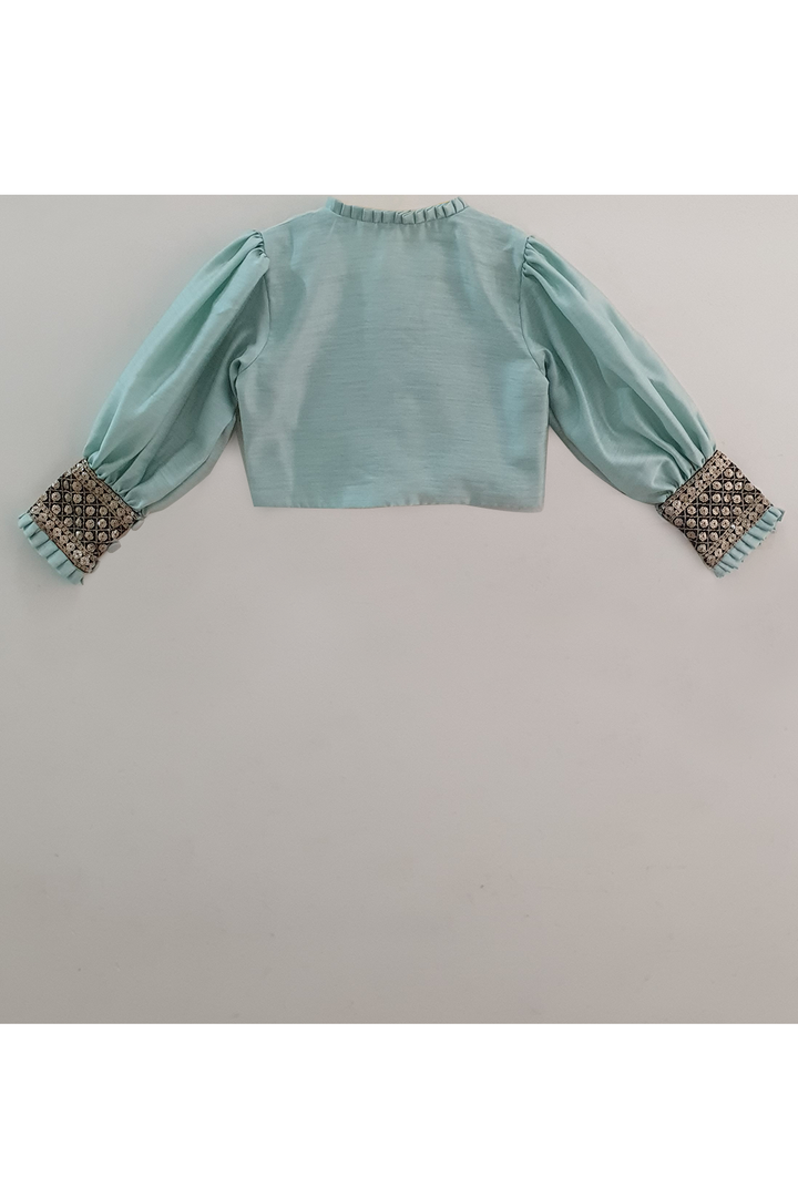 Pastel green top with detachable sequin work belt and palazzo