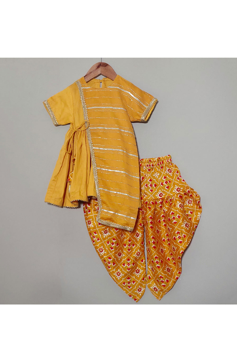 Yellow And Rust Gota Detailing Cotton Kurta With Dhoti Set