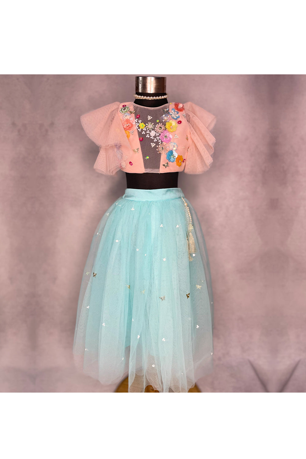 Peach Hand Embroidered Choli With Aqua Blue Tulle Lehenga