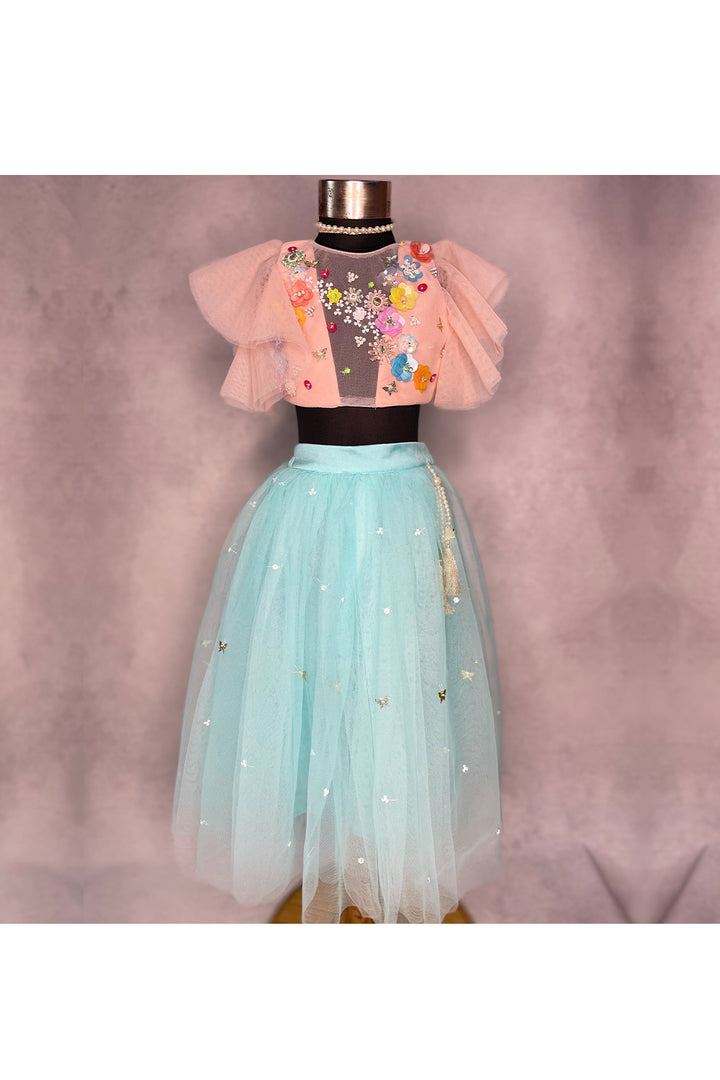 Peach Hand Embroidered Choli With Aqua Blue Tulle Lehenga