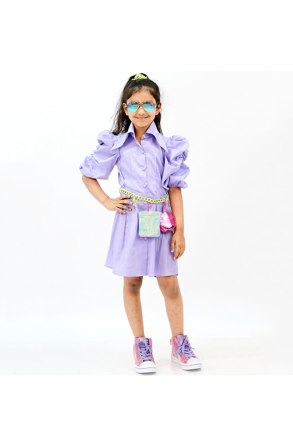 Lavender Balloon Sleeves Shirt Style Dress