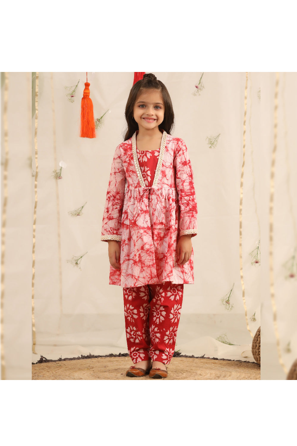 Red And White Printed Peplum Style Cotton Top With Pant Set